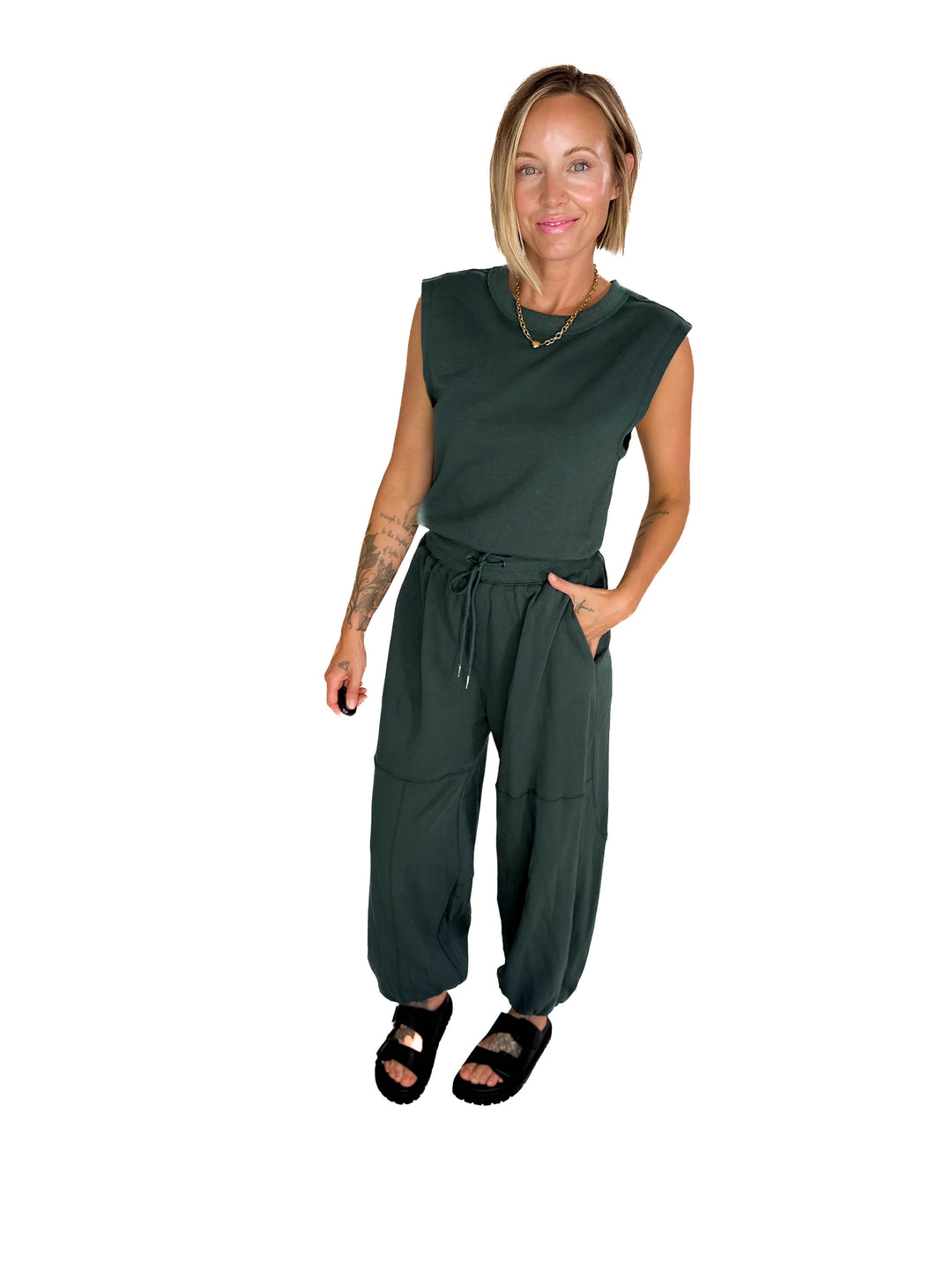 Lisa Drawstring Waist Knit Active Jumpsuit- HUNTER GREEN