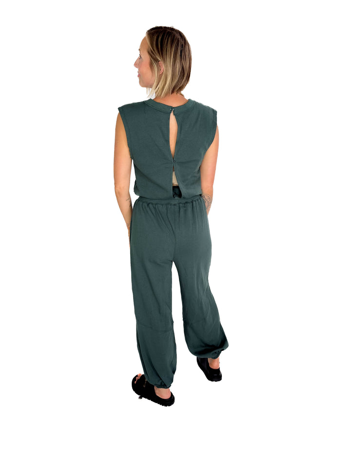 Lisa Drawstring Waist Knit Active Jumpsuit- HUNTER GREEN