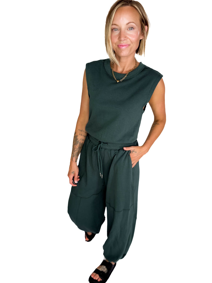 Lisa Drawstring Waist Knit Active Jumpsuit- HUNTER GREEN