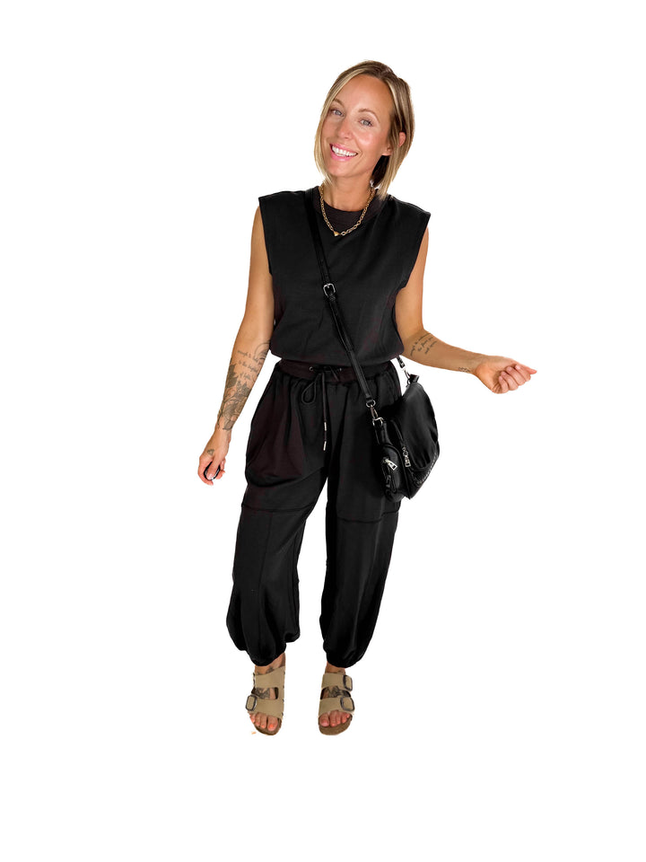 Lisa Drawstring Waist Knit Active Jumpsuit- ASH