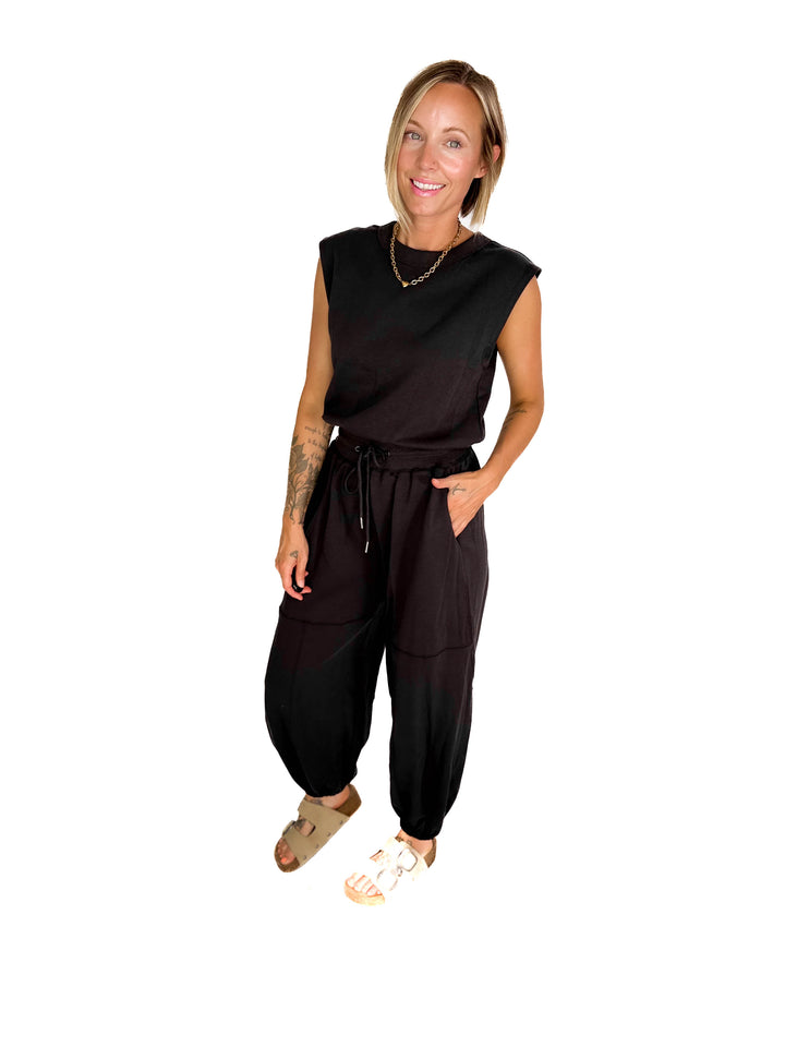 Lisa Drawstring Waist Knit Active Jumpsuit- ASH