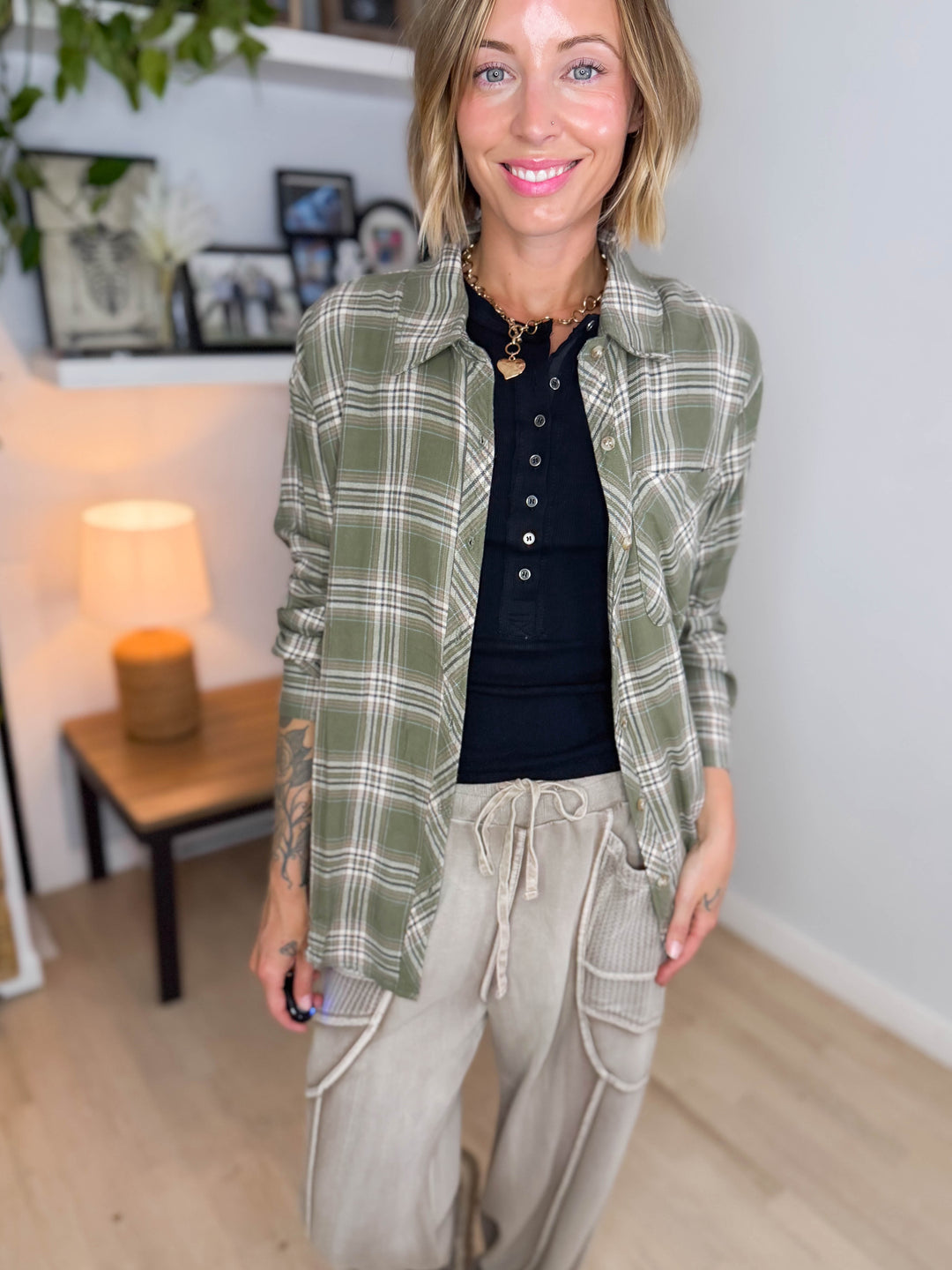 Edith Plaid Flannel Shirt- OLIVE