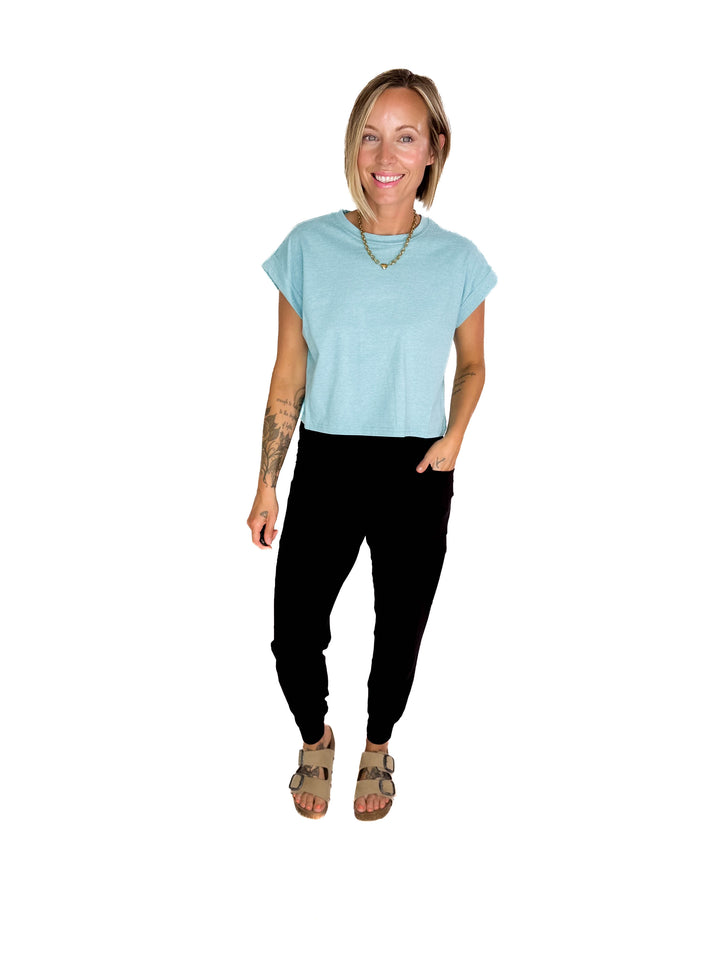 Helen Cotton Folded Sleeve Top- HEATHER TURQUOISE
