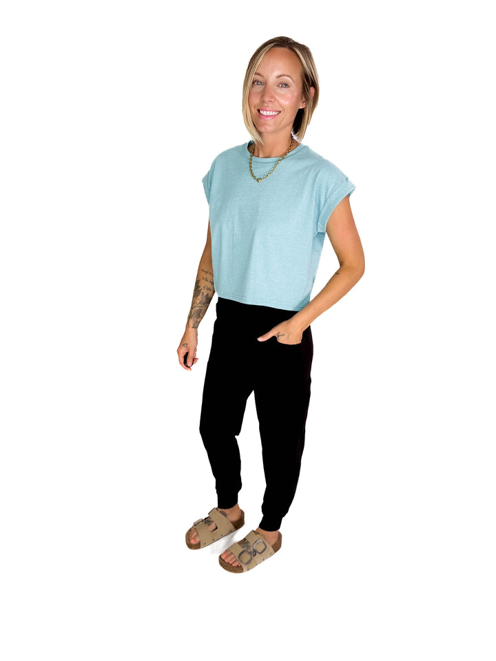 Helen Cotton Folded Sleeve Top- HEATHER TURQUOISE