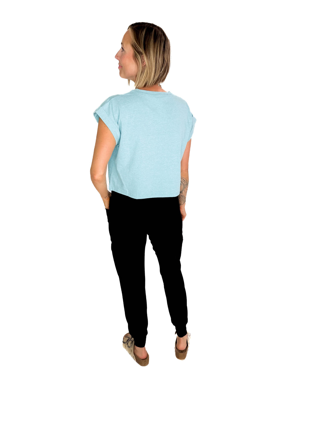 Helen Cotton Folded Sleeve Top- HEATHER TURQUOISE