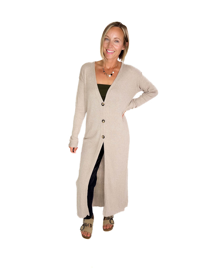 Railey Long Line Button Front Cardigan- BEIGE
