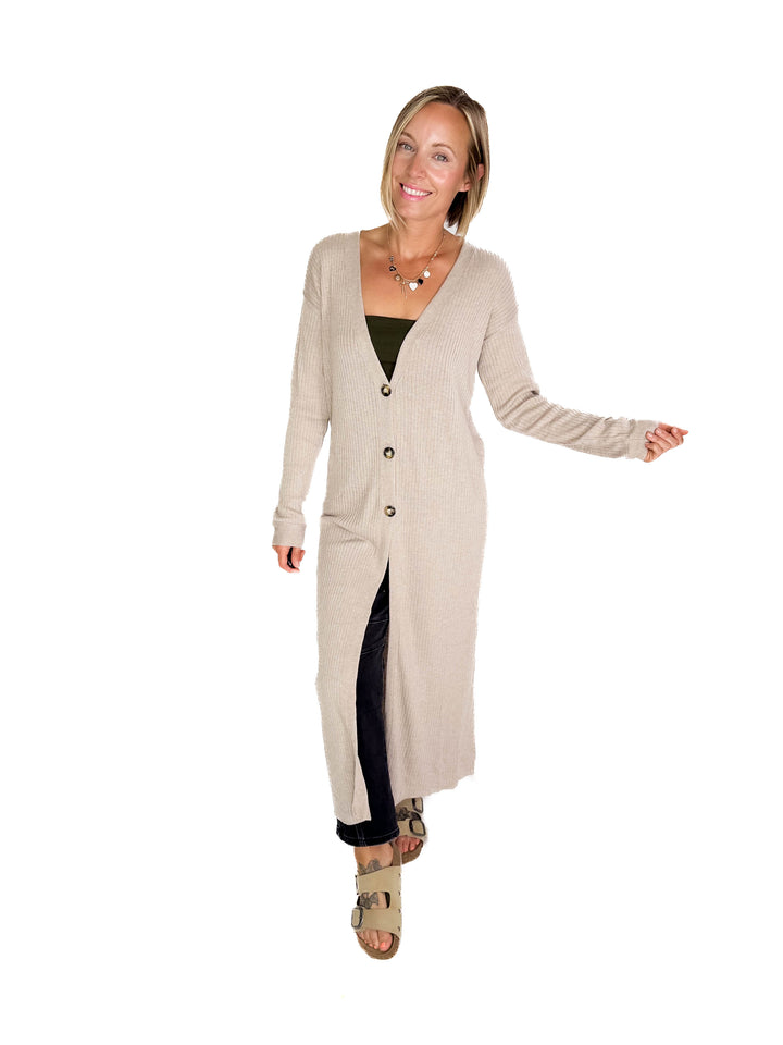 Railey Long Line Button Front Cardigan- BEIGE