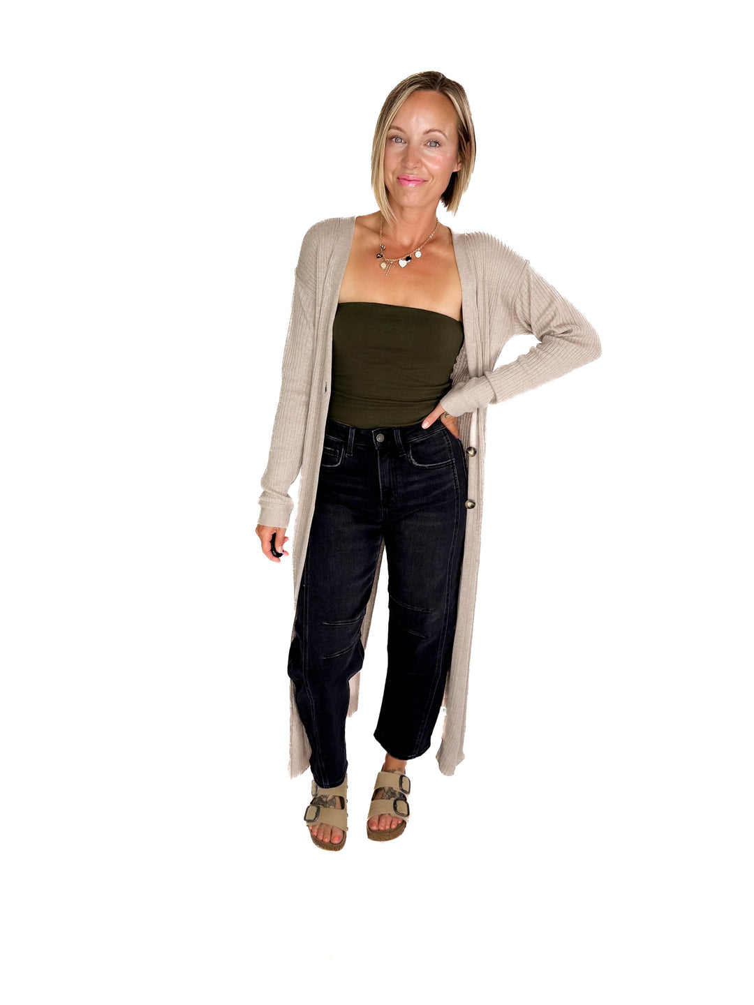 Railey Long Line Button Front Cardigan- BEIGE