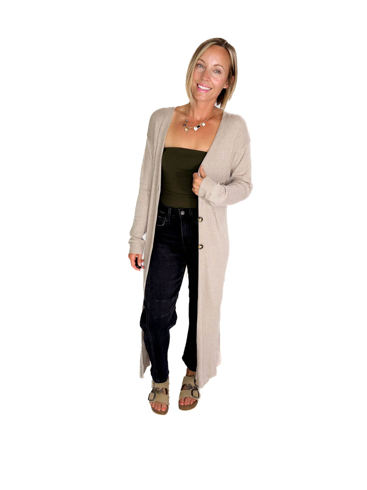 Railey Long Line Button Front Cardigan- BEIGE