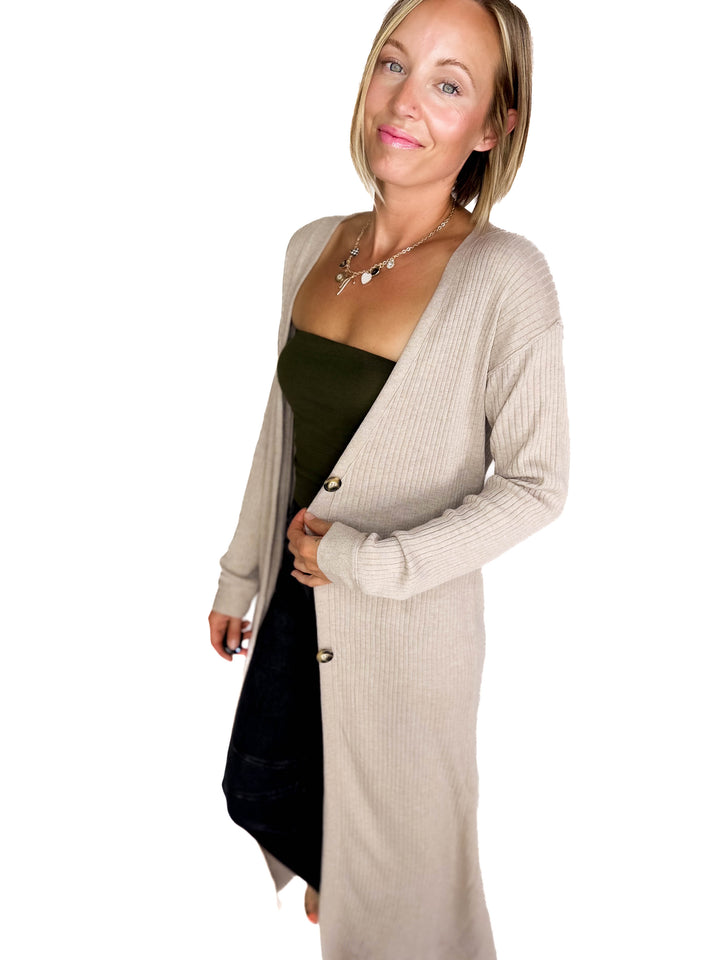 Railey Long Line Button Front Cardigan- BEIGE