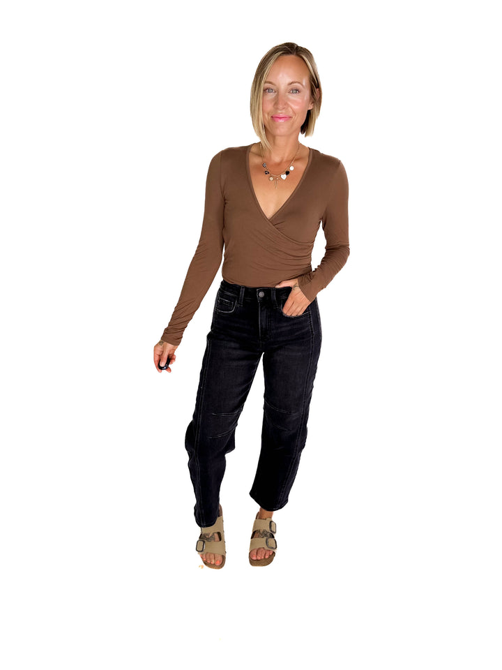 Nicole Surplice Long Sleeve Bodysuit- CHESTNUT