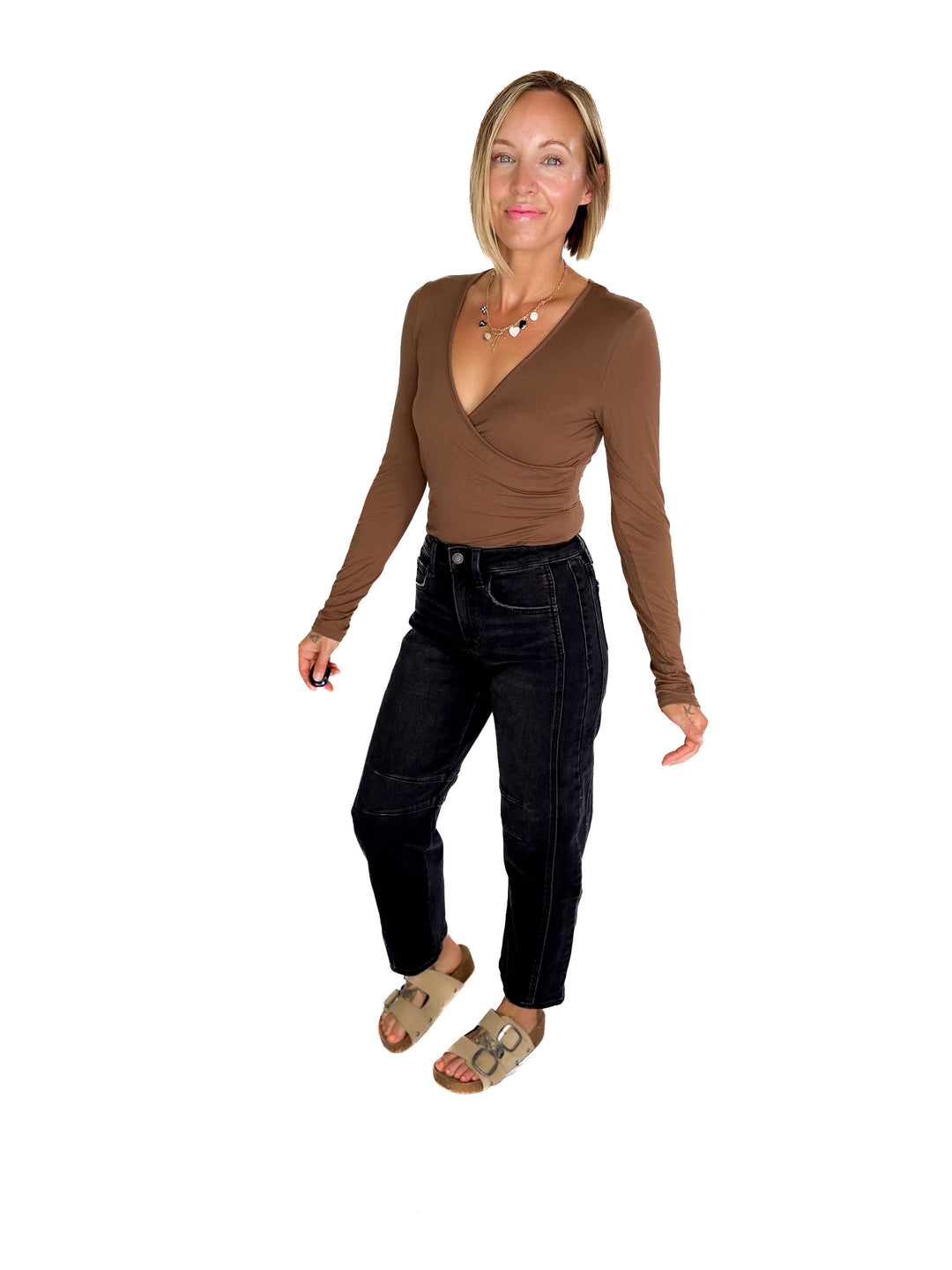 Nicole Surplice Long Sleeve Bodysuit- CHESTNUT