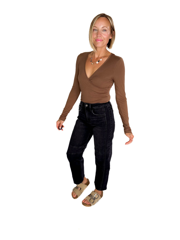 Nicole Surplice Long Sleeve Bodysuit- CHESTNUT