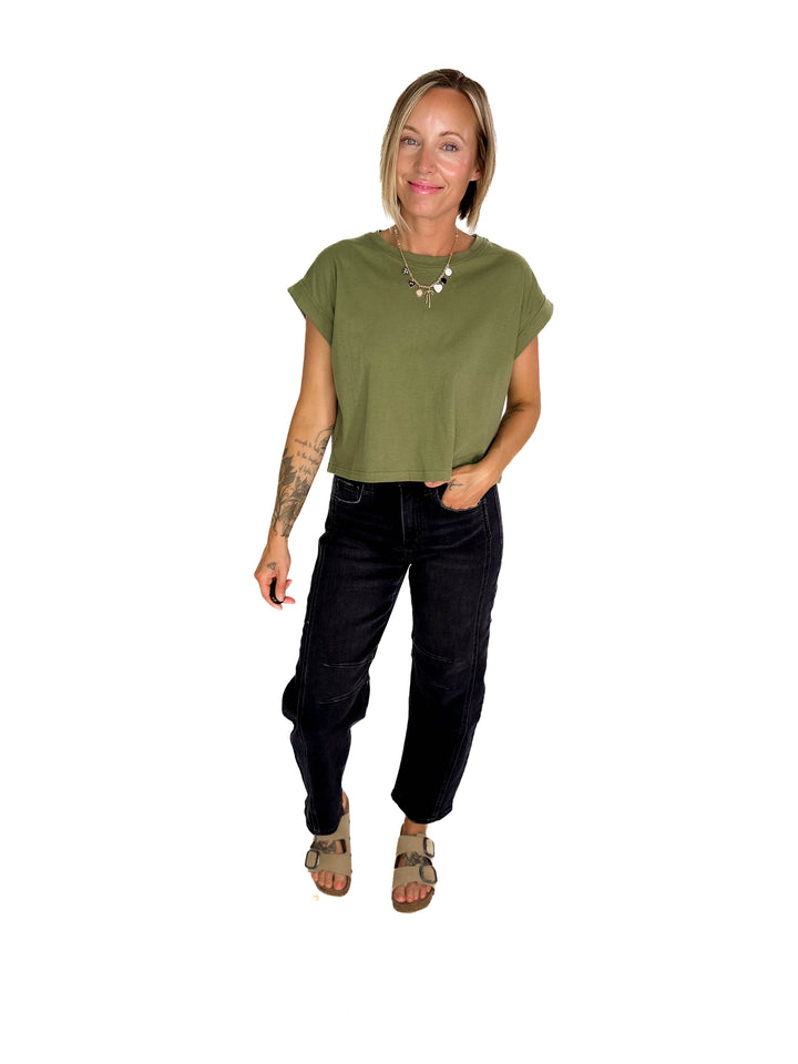 Helen Cotton Folded Sleeve Top- LIGHT OLIVE