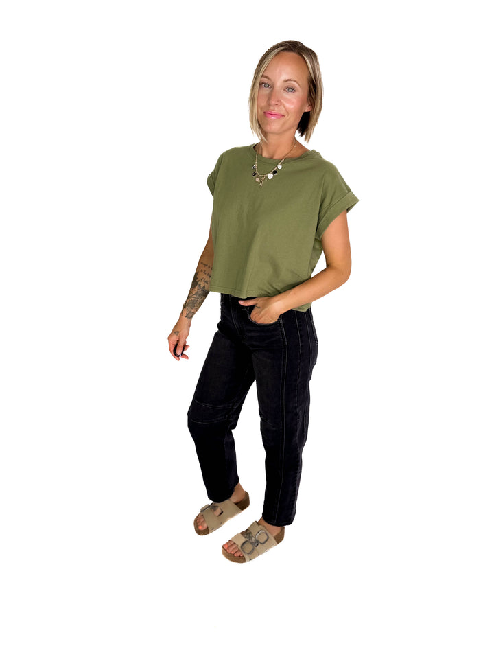 Helen Cotton Folded Sleeve Top- LIGHT OLIVE