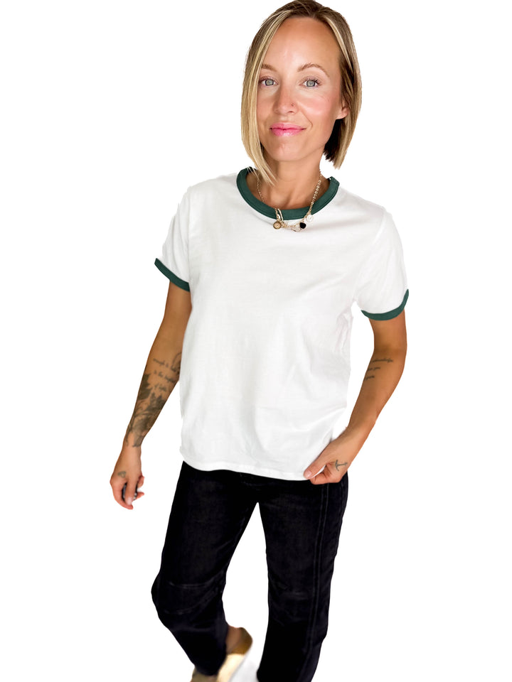Monica Contrast Binding Short Sleeve T-Shirt- HUNTER GREEN