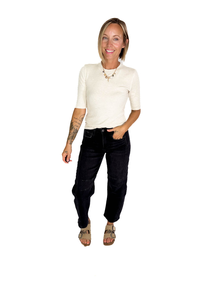 Emma Ultra Soft Classic Ribbed Crewneck 1/2 Sleeve- OATMEAL