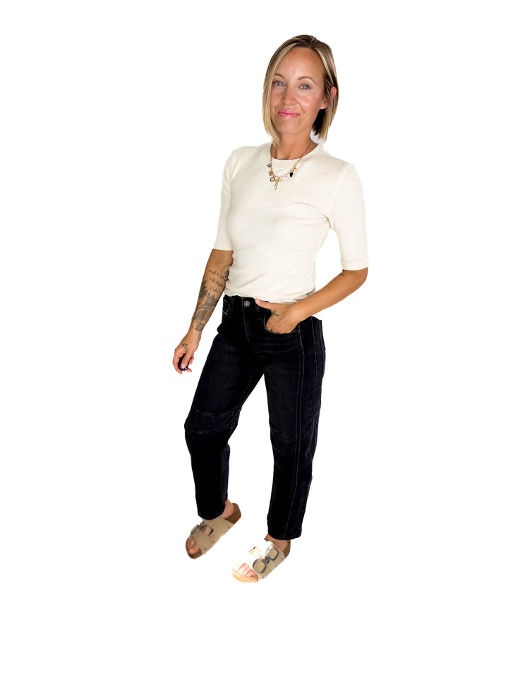 Emma Ultra Soft Classic Ribbed Crewneck 1/2 Sleeve- OATMEAL