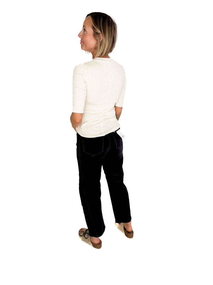 Emma Ultra Soft Classic Ribbed Crewneck 1/2 Sleeve- OATMEAL