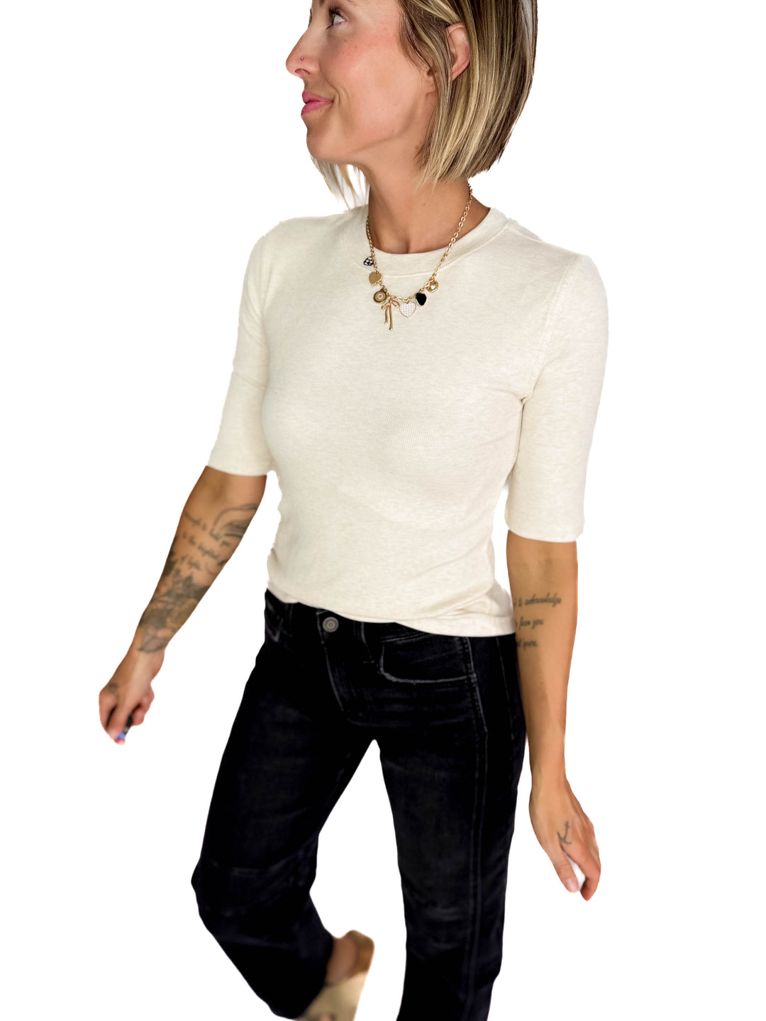 Emma Ultra Soft Classic Ribbed Crewneck 1/2 Sleeve- OATMEAL