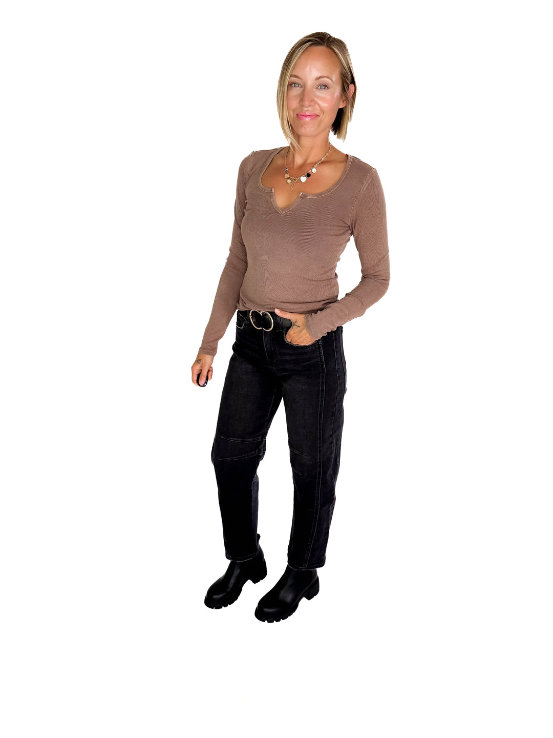 Jennifer Classic Ribbed Basic Long Sleeve- MOCHA