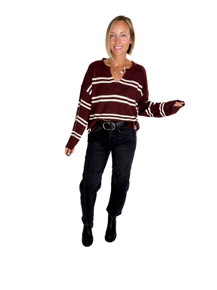 Kailey Notch Neck Striped Knit Sweater- CHESTNUT