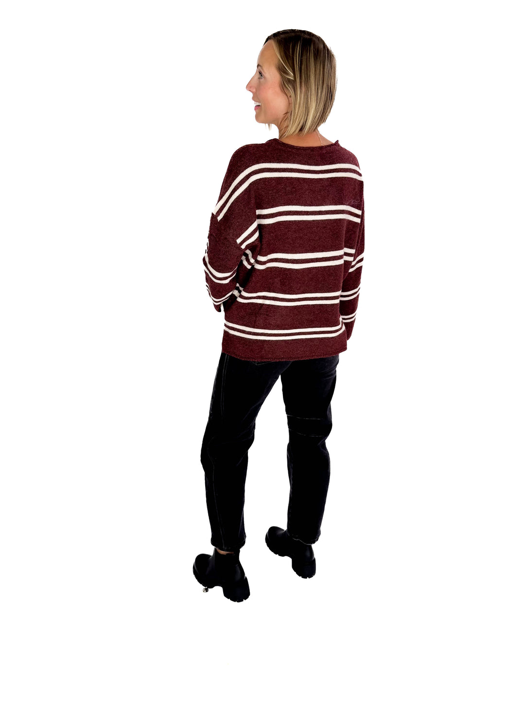 Kailey Notch Neck Striped Knit Sweater- CHESTNUT