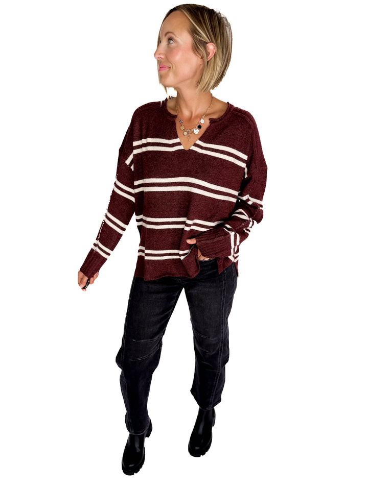 Kailey Notch Neck Striped Knit Sweater- CHESTNUT