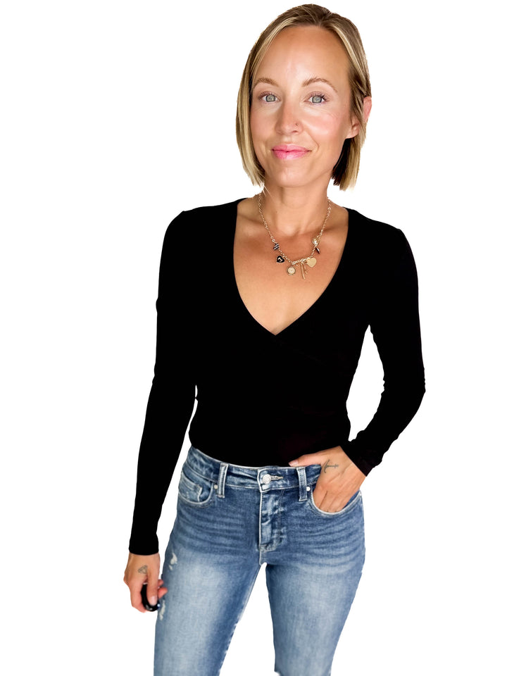 Nicole Surplice Long Sleeve Bodysuit- BLACK
