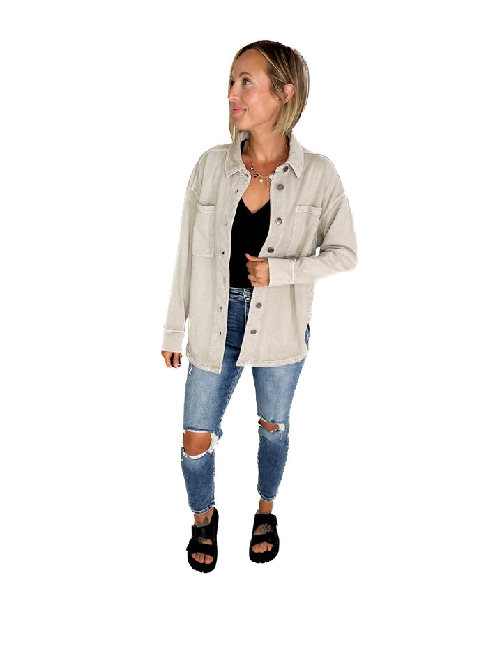 Bethany Washed French Terry Shacket- WASH GREY