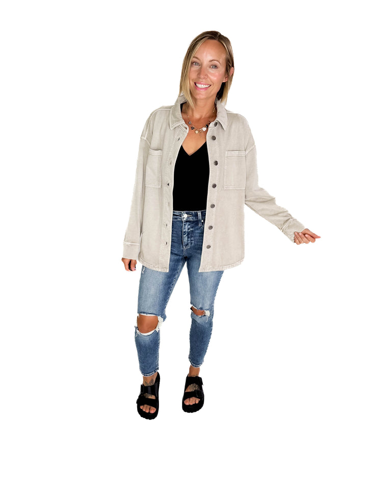 Bethany Washed French Terry Shacket- WASH GREY
