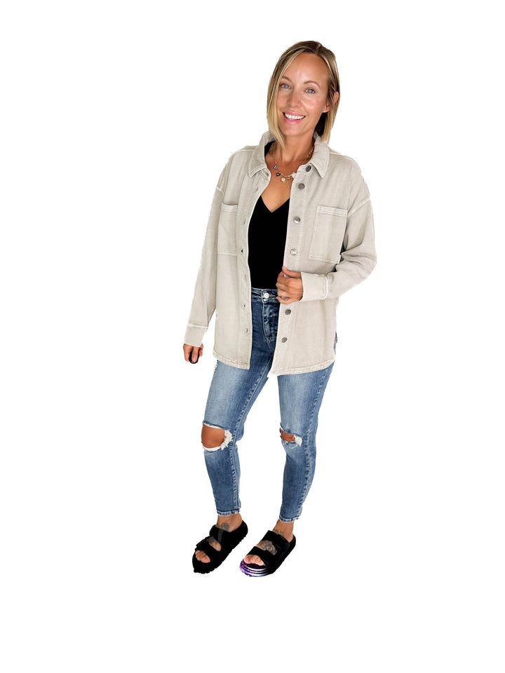 Bethany Washed French Terry Shacket- WASH GREY