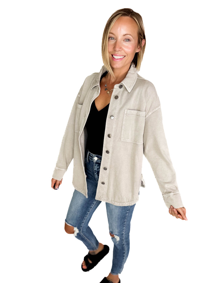 Bethany Washed French Terry Shacket- WASH GREY