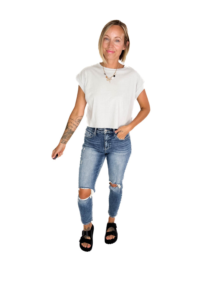 Helen Cotton Folded Sleeve Top- LIGHT GREY