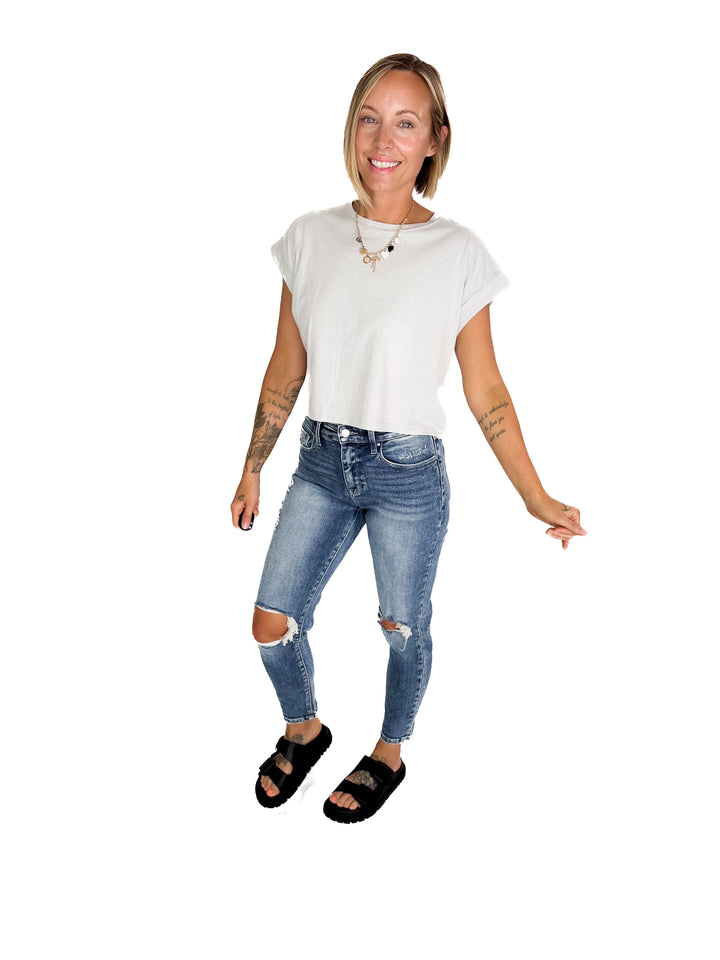 Helen Cotton Folded Sleeve Top- LIGHT GREY