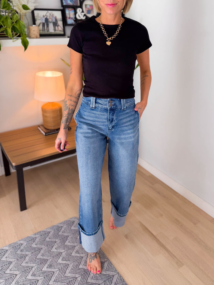 Kancan Premium Amber Crop Wide Leg Jean- DARK WASH