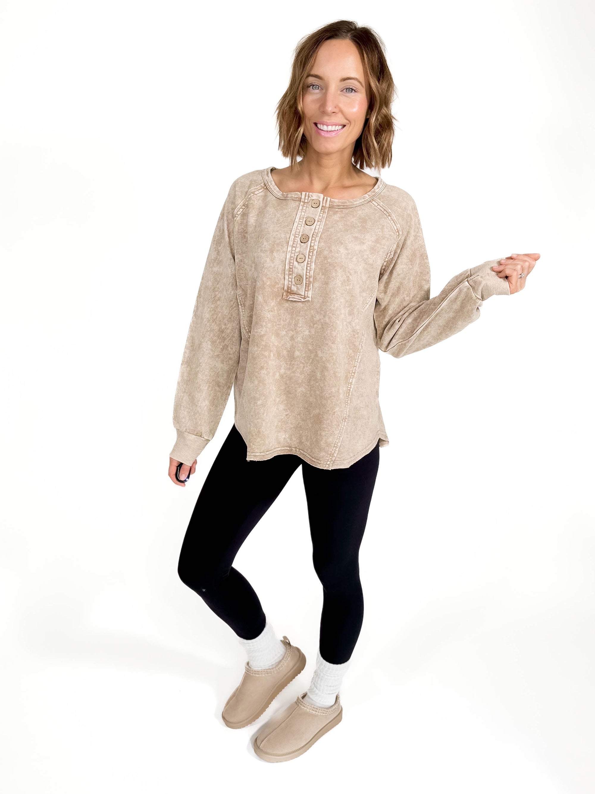 Sharna Washed Henley- BROWN