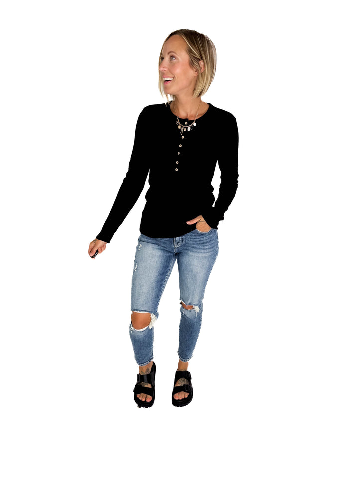 Rhonda Ribbed Long Sleeve Button Down Top- BLACK