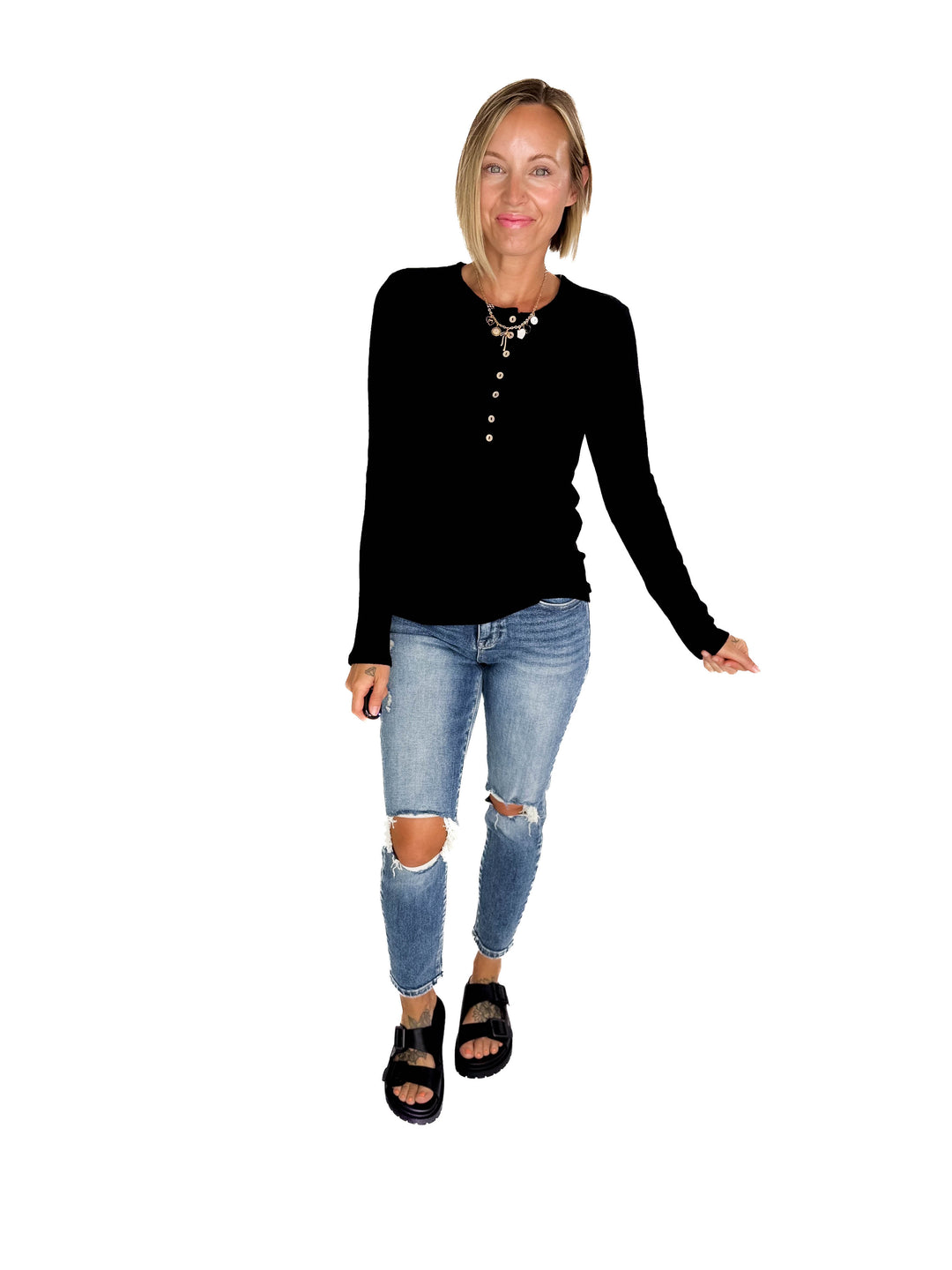 Rhonda Ribbed Long Sleeve Button Down Top- BLACK
