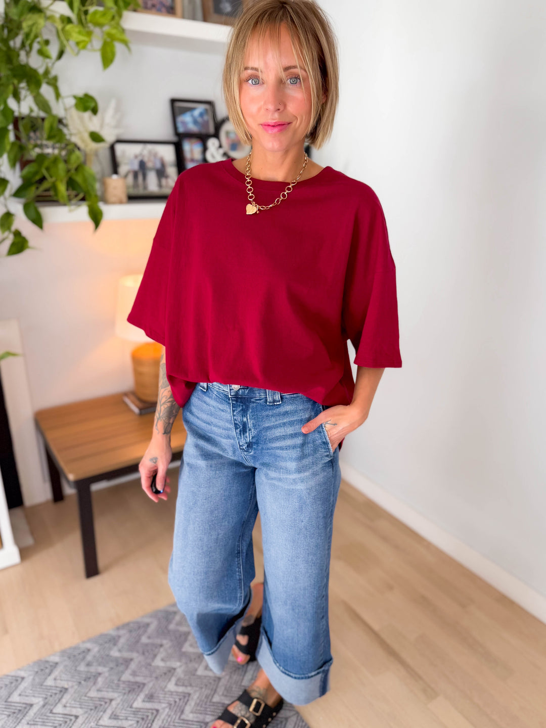 Lila Oversized Cotton Tunic Tee- CABERNET