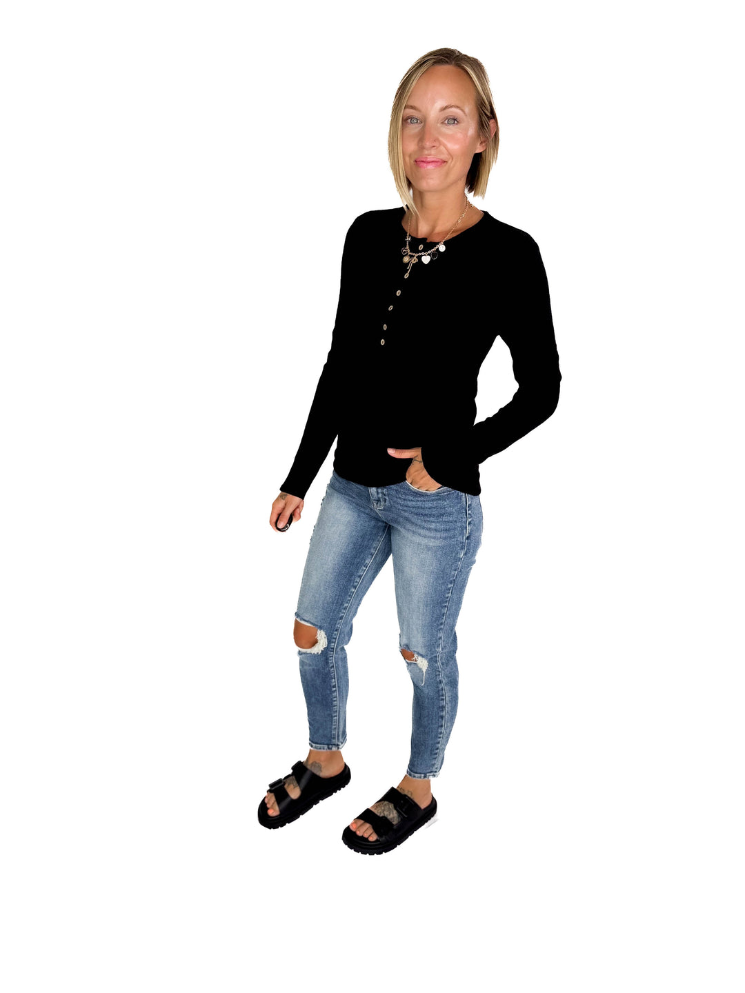Rhonda Ribbed Long Sleeve Button Down Top- BLACK