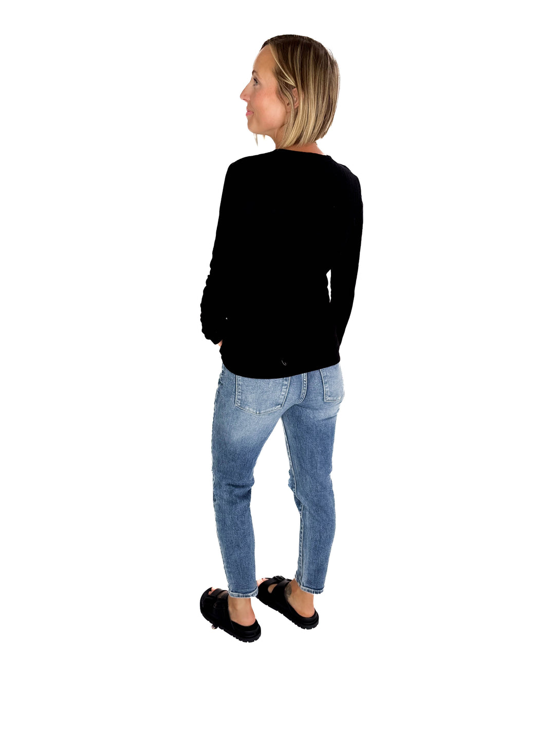 Rhonda Ribbed Long Sleeve Button Down Top- BLACK