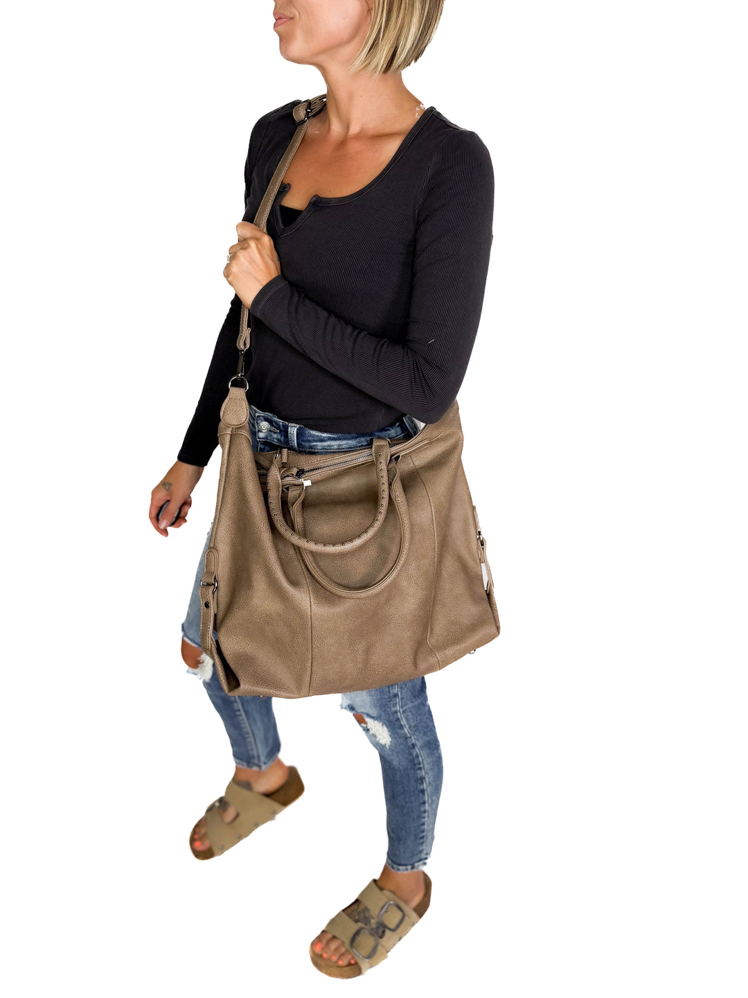 Indy Tote Bag Rustic Handle and Strap- MUSHROOM