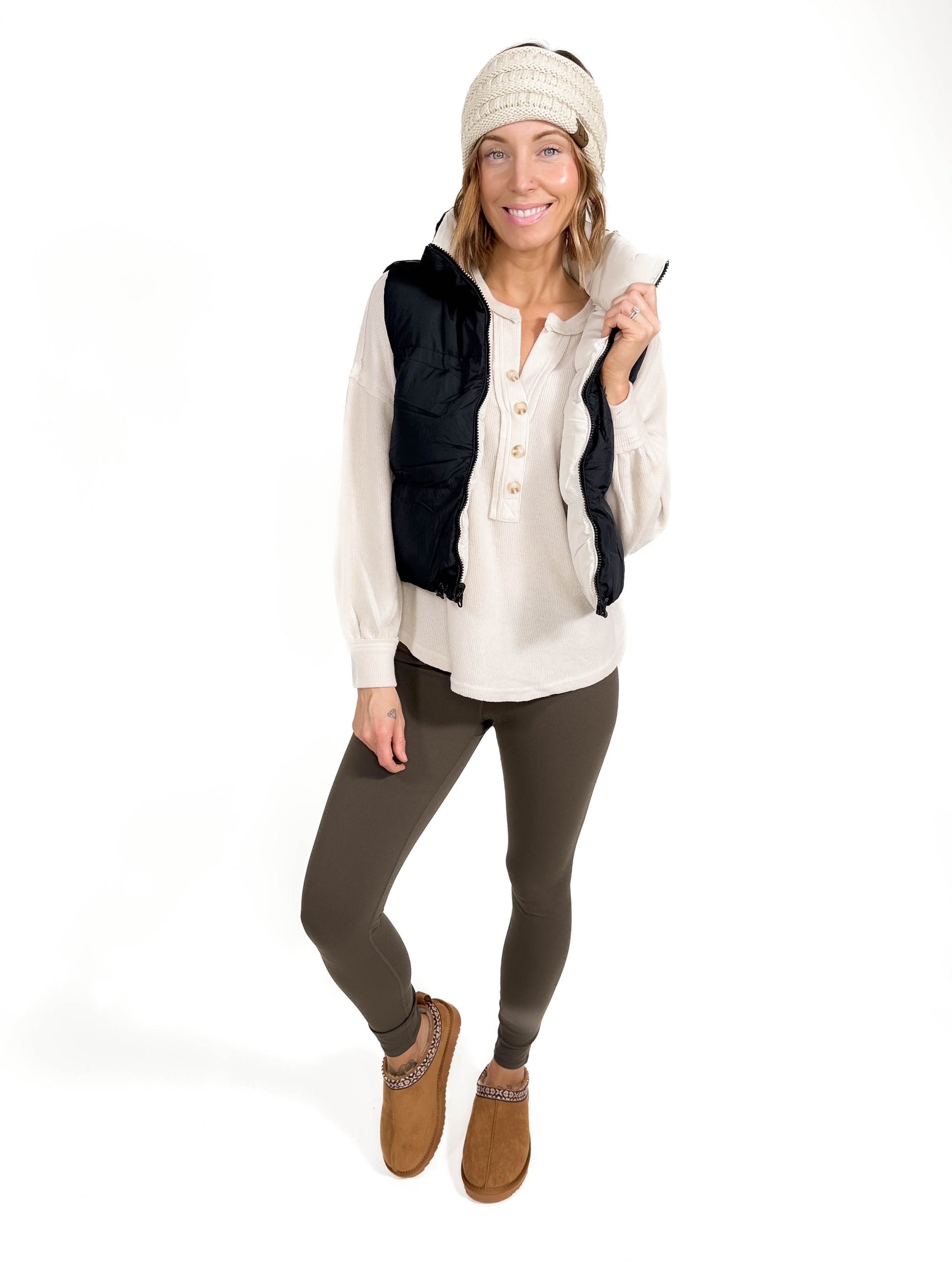 Cheyanne Crop Puffer Vest- BLACK/COOL BIEGE