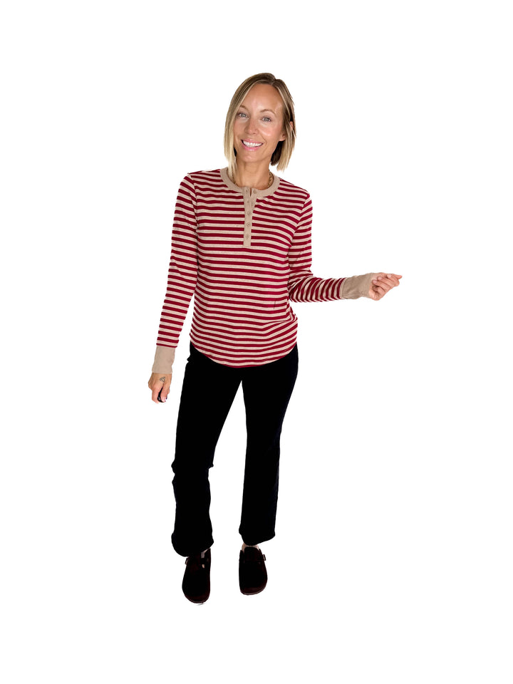 Aneta Stripe Henley- BURGUNDY