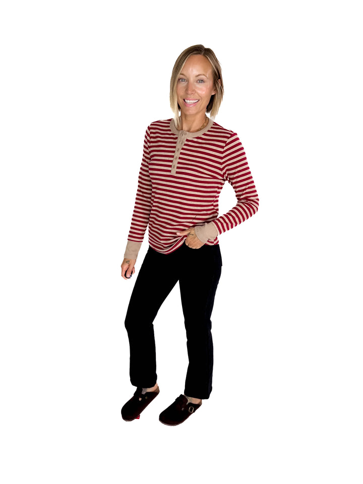 Aneta Stripe Henley- BURGUNDY