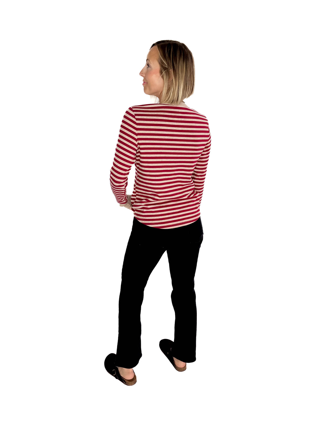 Aneta Stripe Henley- BURGUNDY