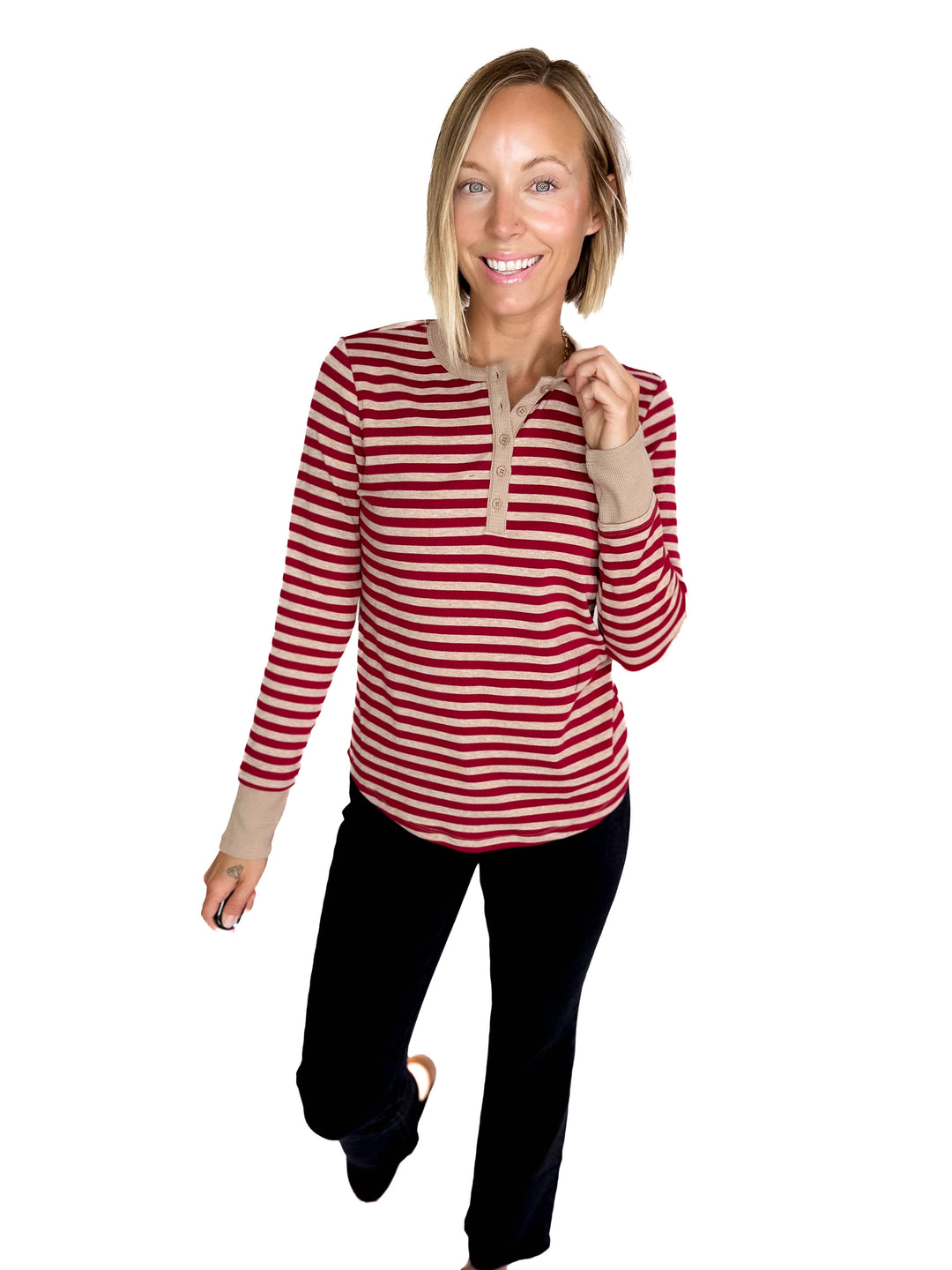 Aneta Stripe Henley- BURGUNDY