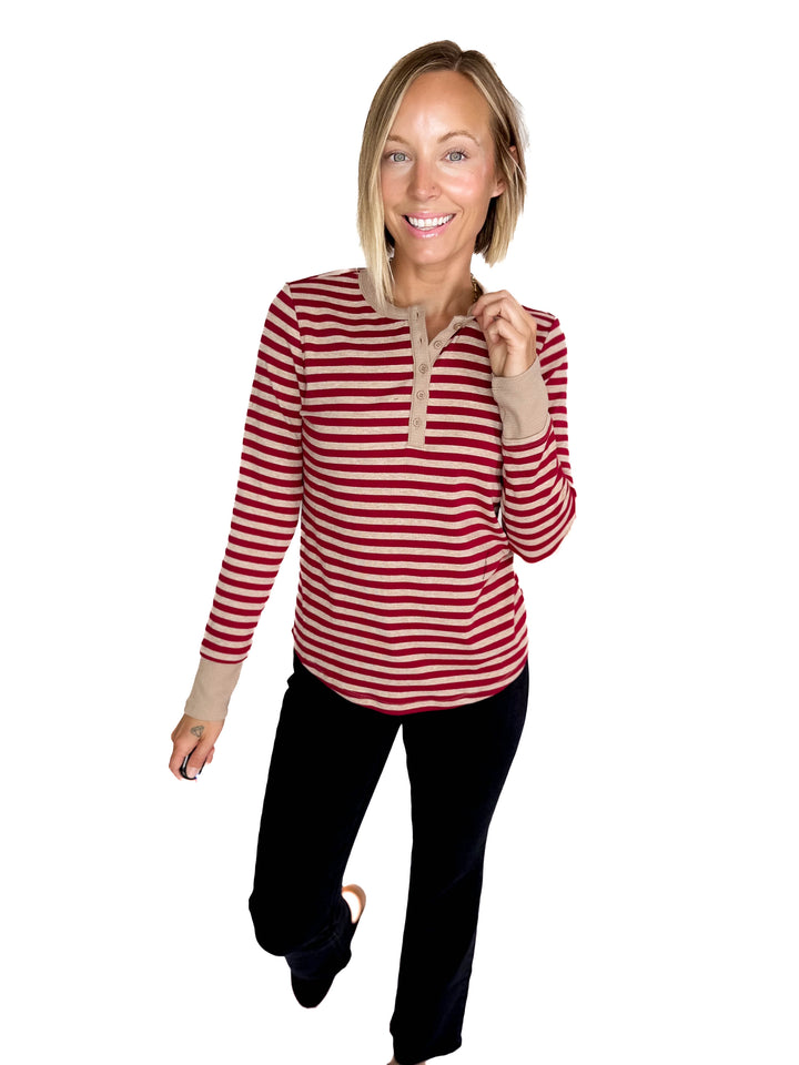 Aneta Stripe Henley- BURGUNDY