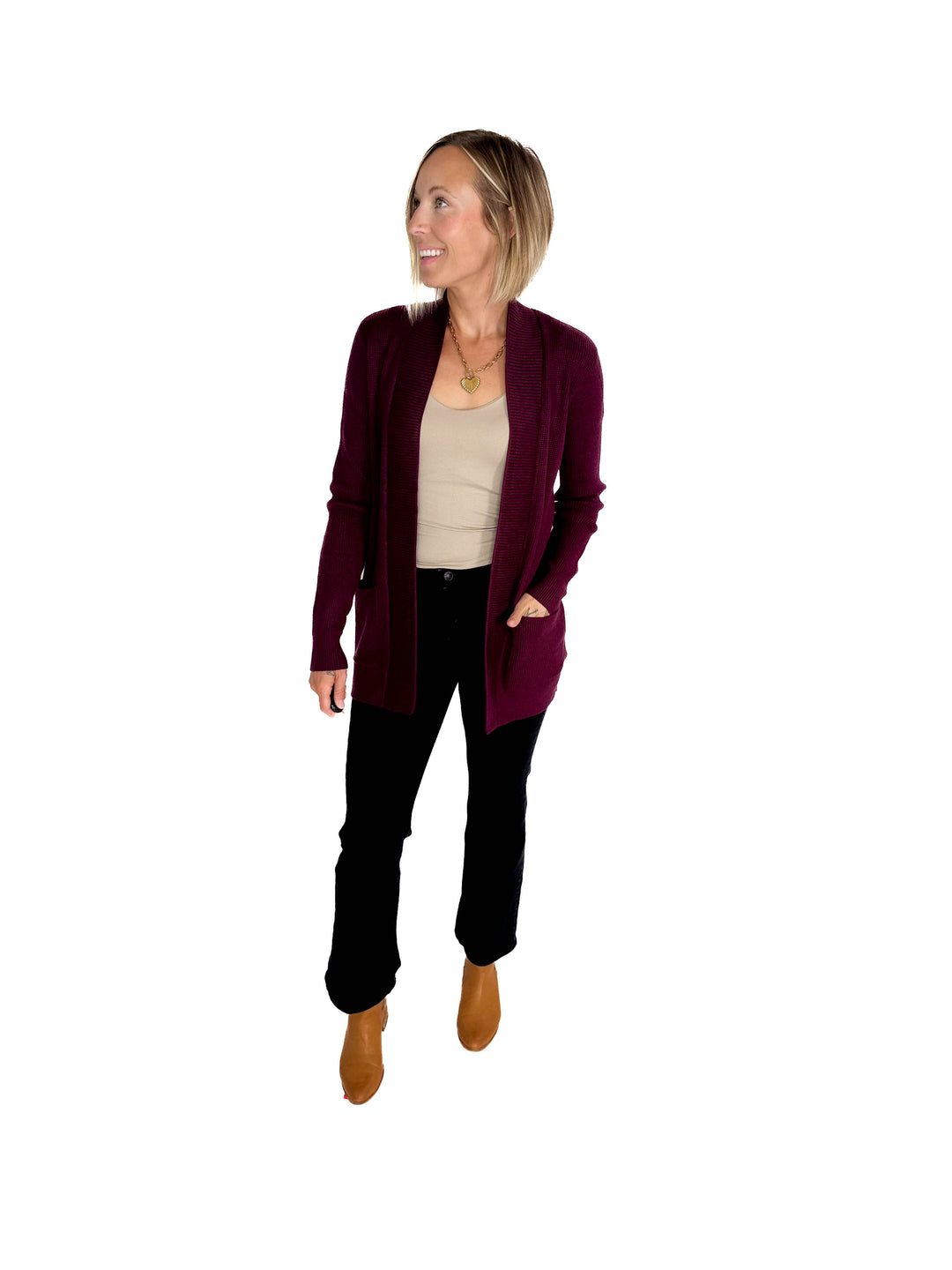 Otto Waffle Knit Cardigan- DARK PLUM